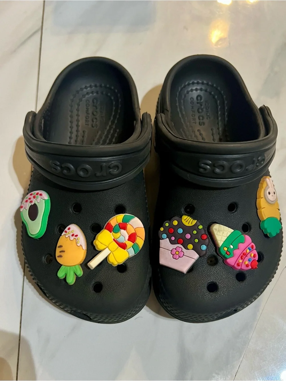 CROCS Kids Black Clogs with Colorful Candy Charms Size C8